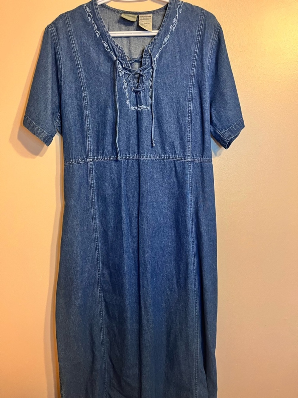 Vintage Denim Lace-Up Midi Dress With Embroidred Detailing